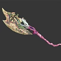 Fantasy Decorative Axe Weapon With Pink White Purple Green Colorful Patterns And Intricate Spiked Designs