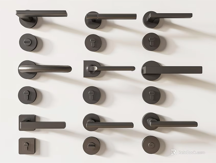 Various Black Metal Door Handles With Different Designs Displayed On White Background 3d model 
