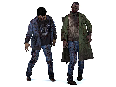 Two Gory Decayed Zombies with Bloody Tattered Clothes and Torn Jackets 3d model