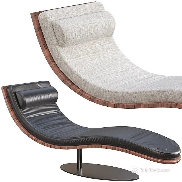 Modern Elegant Curved Chaise Lounge With Light Fabric And Black Leather Wooden Frame 3d model 