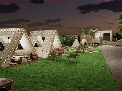 Garden Landscape With Wooden Triangle Tents Lush Green Lawn And Outdoor Seating Areas 3d model