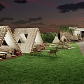 Garden Landscape With Wooden Triangle Tents Lush Green Lawn And Outdoor Seating Areas