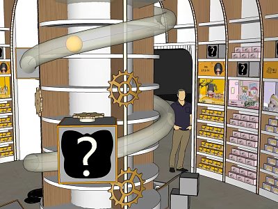 Specialty Store Interior Featuring Spiral Structure Question Mark Sign And Product Shelves 3d model