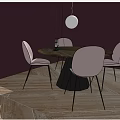 Dining Table Set With Round Top Pink Chairs And White Globe Pendant Light 3d model