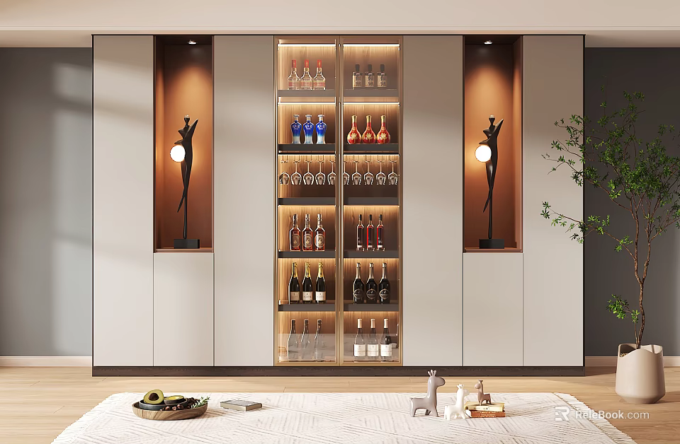 Modern Wine Cabinet With Glass Doors Wine Bottles Glassware And Decorative Lighting 3d model 