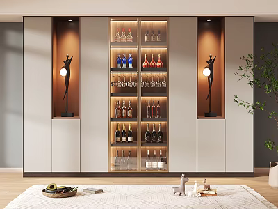 Modern Wine Cabinet With Glass Doors Wine Bottles Glassware And Decorative Lighting 3d model