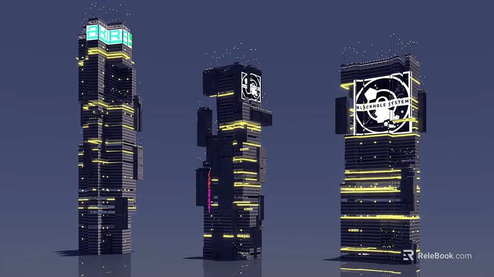 Futuristic Architecture With Tall Buildings Illuminated Yellow Lights And Tech Logos 3d model 