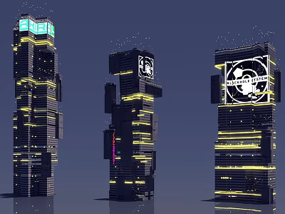 Futuristic Architecture With Tall Buildings Illuminated Yellow Lights And Tech Logos 3d model