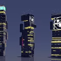 Futuristic Architecture With Tall Buildings Illuminated Yellow Lights And Tech Logos