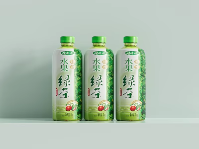 Refreshing Fruit Green Tea Beverage with Three White Bottles Green Caps and Fruit Designs 3d model