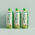 Refreshing Fruit Green Tea Beverage with Three White Bottles Green Caps and Fruit Designs