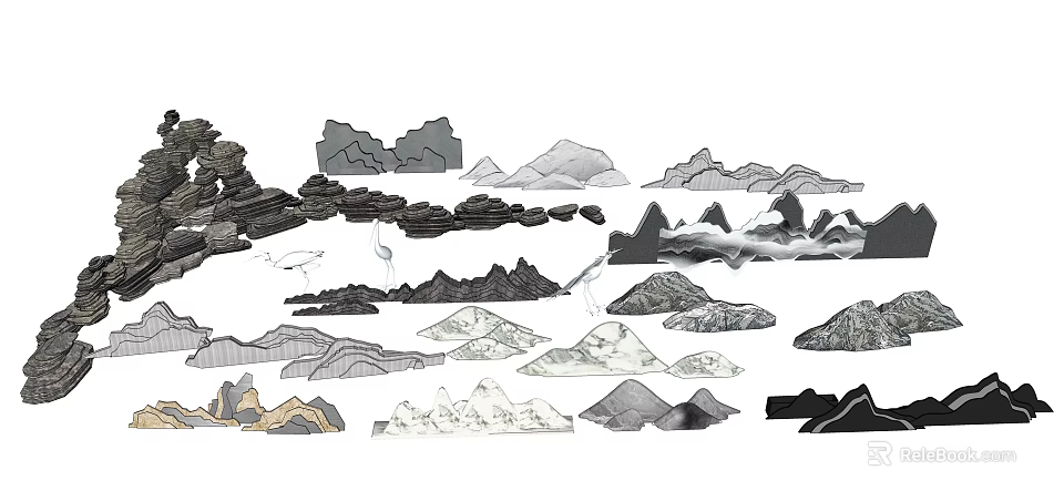 Natural Stone And Wood Mountain Rock Shapes With Textured Patterns 3d model