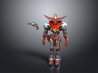 Mechanical Character With Red Hat Silver Armor Holding Gun In Standing Pose 3d model