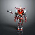 Mechanical Character With Red Hat Silver Armor Holding Gun In Standing Pose