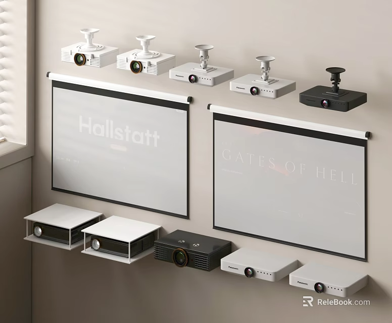 Projection Monitoring Device Display With Various Projectors And Projection Screens Showing Content Examples 3d model 