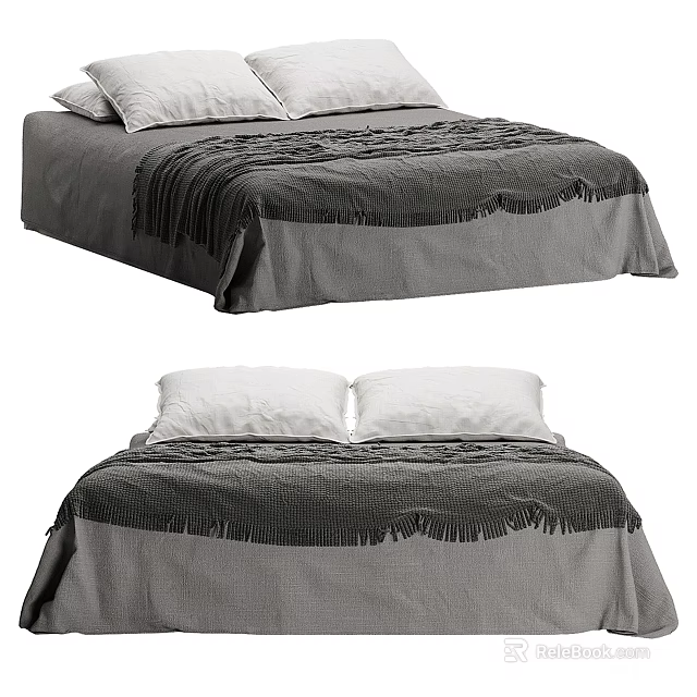 Cozy Double Bed With Gray Bed Sheet Fringed Blanket And White Pillows 3d model 