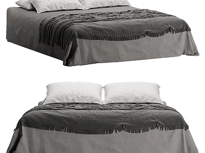 Cozy Double Bed With Gray Bed Sheet Fringed Blanket And White Pillows 3d model