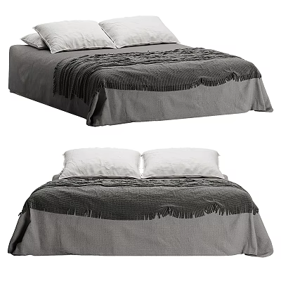 Cozy Double Bed With Gray Bed Sheet Fringed Blanket And White Pillows 3d model