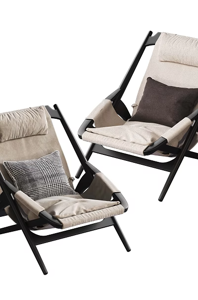 Two Light Colored Leisure Chairs With Black Frames And Soft Cushions 3d model