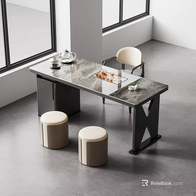 Modern Tea Table Set With Marble Top Black X Legs Light Chair And Round Stools 3d model 