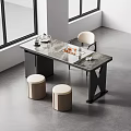 Modern Tea Table Set With Marble Top Black X Legs Light Chair And Round Stools