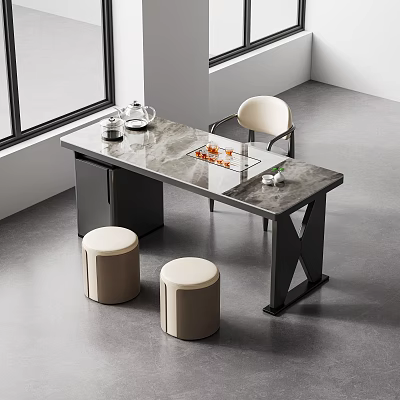 Modern Tea Table Set With Marble Top Black X Legs Light Chair And Round Stools 3d model