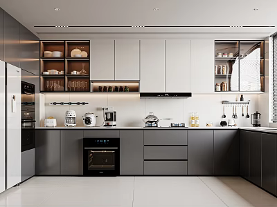 Modern Kitchen With Grey And White Cabinetry And Stainless Steel Appliances 3d model