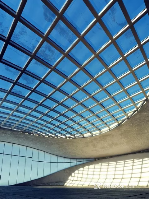 Modern Front Desk Reception Area Featuring Glass Grid Roof And Blue Sky View 3d model 