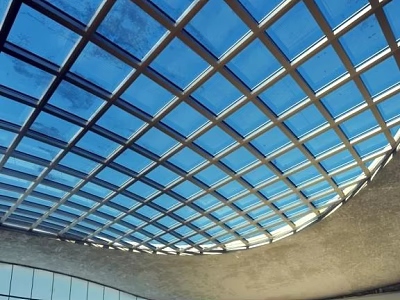 Modern Front Desk Reception Area Featuring Glass Grid Roof And Blue Sky View 3d model