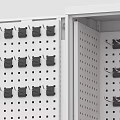 Public Facility Storage Cabinets in Black Blue White with Open Cabinet Red Tools and Shelves