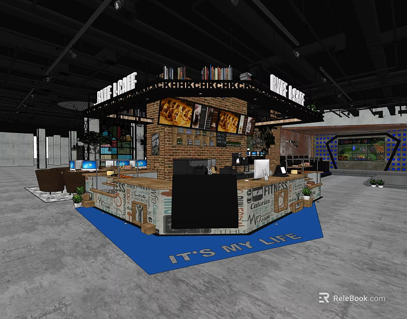 Modern Internet Cafe Interior with Brick Wall Counter Computers and Blue Carpet 3d model 