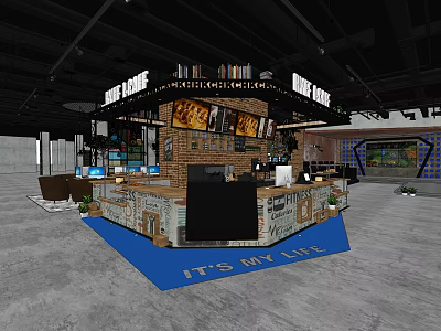 Modern Internet Cafe Interior with Brick Wall Counter Computers and Blue Carpet 3d model