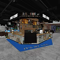 Modern Internet Cafe Interior with Brick Wall Counter Computers and Blue Carpet