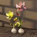 Floral Display with Yellow Pink Flowers in White Textured Vases on Wooden Table Shadow Effects