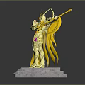 Golden Armored Statue With Winged Design Holding Trident On Stone Pedestal