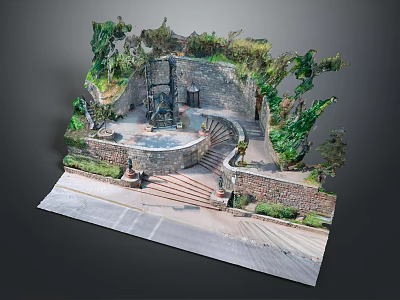 Modern Outdoor Decorative Scene With Stone Wall Spiral Staircase Green Plants And Stone Path 3d model