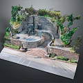 Modern Outdoor Decorative Scene With Stone Wall Spiral Staircase Green Plants And Stone Path