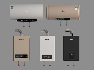 Midea Storage And Tankless Water Heaters With Digital Display In White Gold Black 3d model