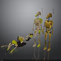 Mechanical Robots In Different Poses Standing And Lying With Yellow Green Parts