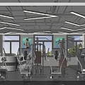 Modern Gym Open Space With Fitness Equipment Windows Bar Counter And Posters