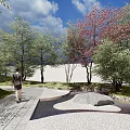 Serene Courtyard Garden With Green Lawns Tall Trees Pink Flowering Plants And Curved Stone Paths