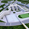 Modern Multi Storey School Building Featuring Open Plaza Stone Paved Ground And Green Lawn
