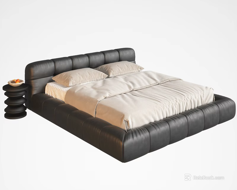 Black Leather Double Bed with Padded Headboard Light Colored Mattress and Side Table with Fruit 3d model 