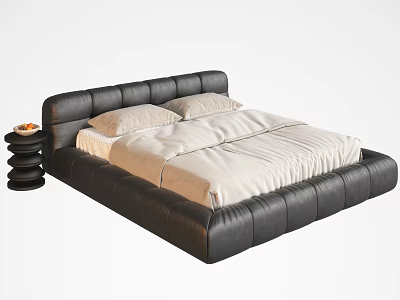 Black Leather Double Bed with Padded Headboard Light Colored Mattress and Side Table with Fruit 3d model