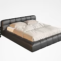 Black Leather Double Bed with Padded Headboard Light Colored Mattress and Side Table with Fruit