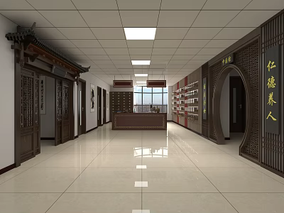 Traditional Chinese Style Hall With Wooden Decor Counter Bookshelves And Bright Lighting 3d model