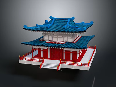 Traditional Chinese Architecture Two Story Structure With Blue Roof Red Pillars And White Railings 3d model