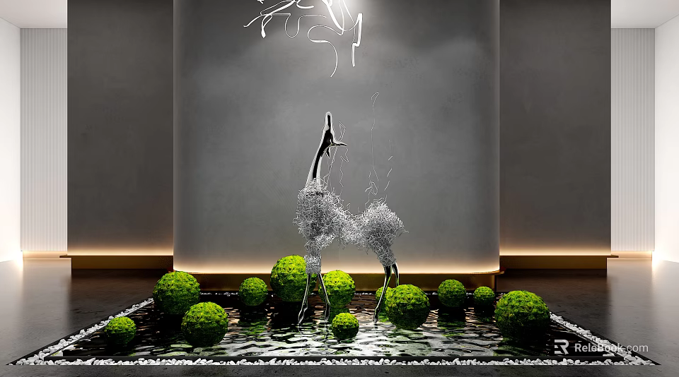 Modern Artistic Metal Sculpture Carving With Green Spherical Plants And Water Pool 3d model 
