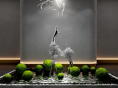 Modern Artistic Metal Sculpture Carving With Green Spherical Plants And Water Pool 3d model