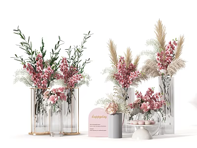 Decorative Pink Flowers in Glass and Metal Frame Vases with Dried Grass 3d model